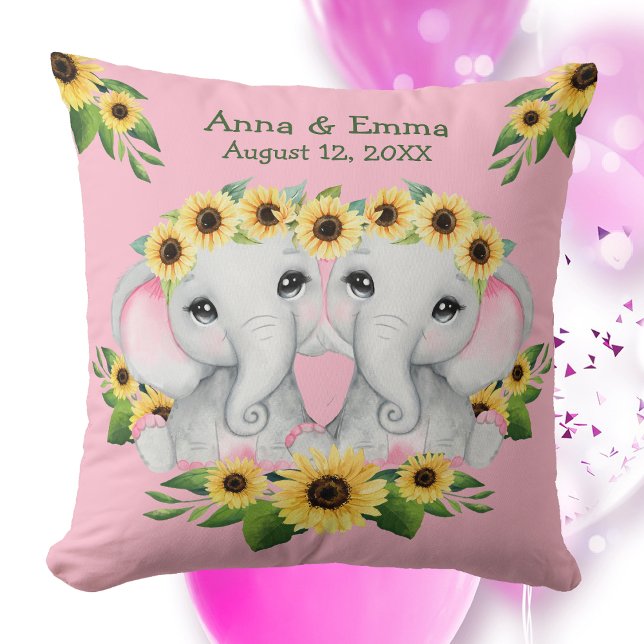 Twin Sunflower Baby Elephant Girls Cushion (Creator Uploaded)