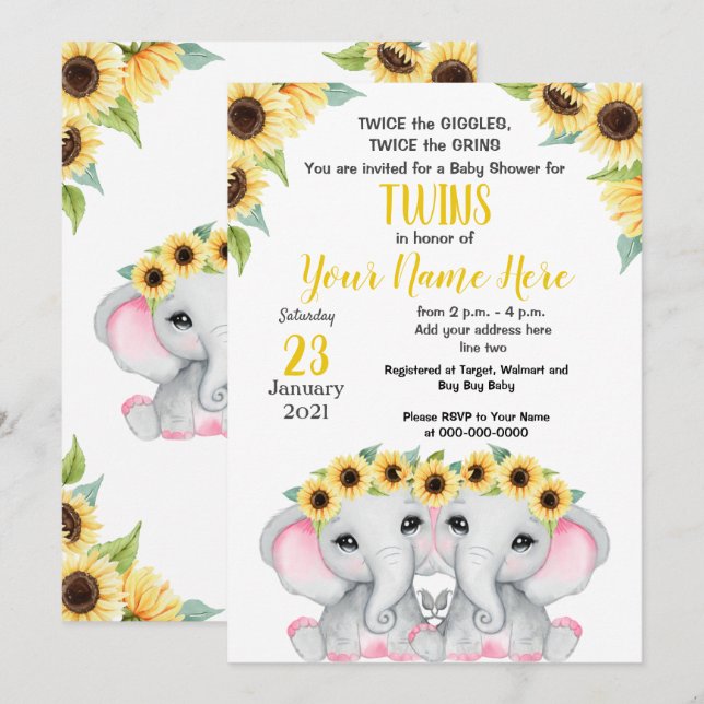 TWIN Sunflower Girls Elephant Yellow Pink Shower Invitation (Front/Back)