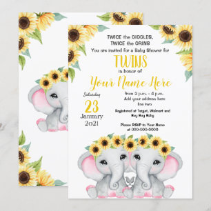 TWIN Sunflower Girls Elephant Yellow Pink Shower Invitation