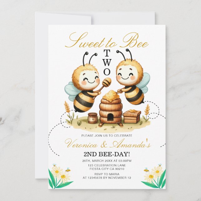 Twin Sweet to Bee Two 2nd Birthday Party Daisy Invitation (Front)