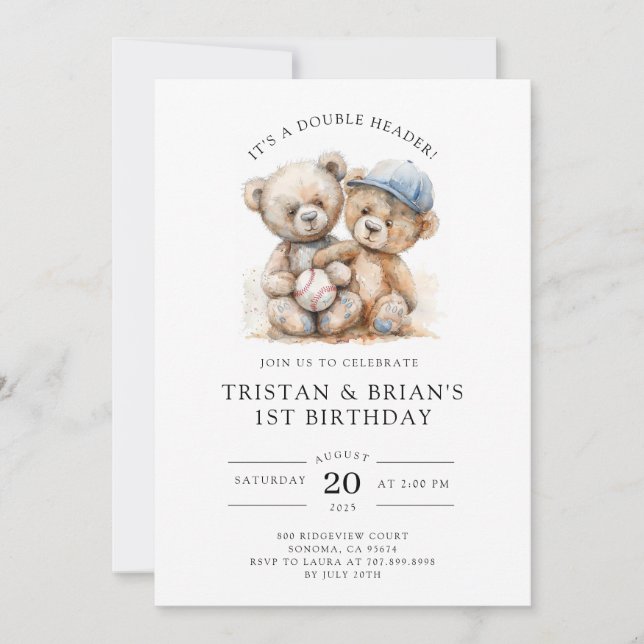 Twin Teddy Bear Watercolor Boy's 1st Birthday  Invitation (Front)