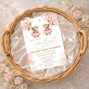 Twin Teddy Bear We Can Bearly Wait Baby Shower Invitation