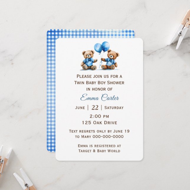 Twin Teddy Bear with Balloons Invitation (Front/Back In Situ)
