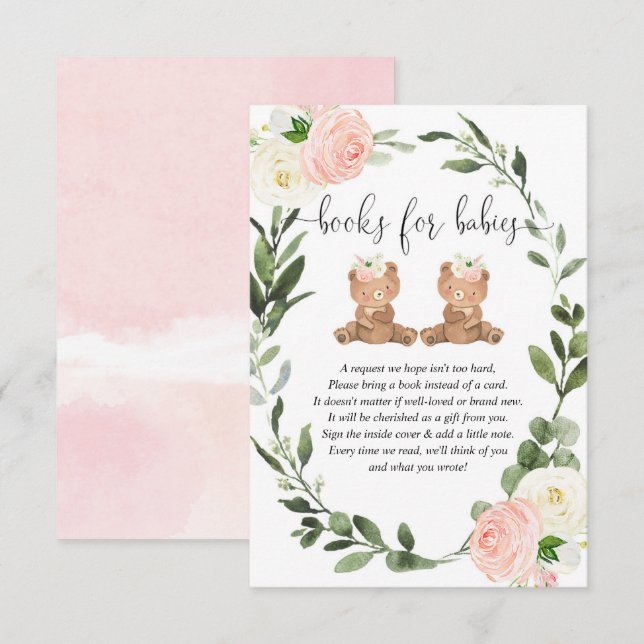  Twin teddy bears pink floral books babies girl Enclosure Card (Front/Back)