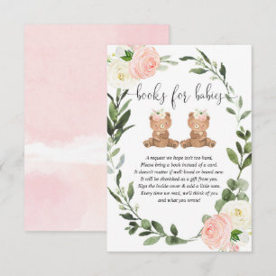  Twin teddy bears pink floral books babies girl Enclosure Card