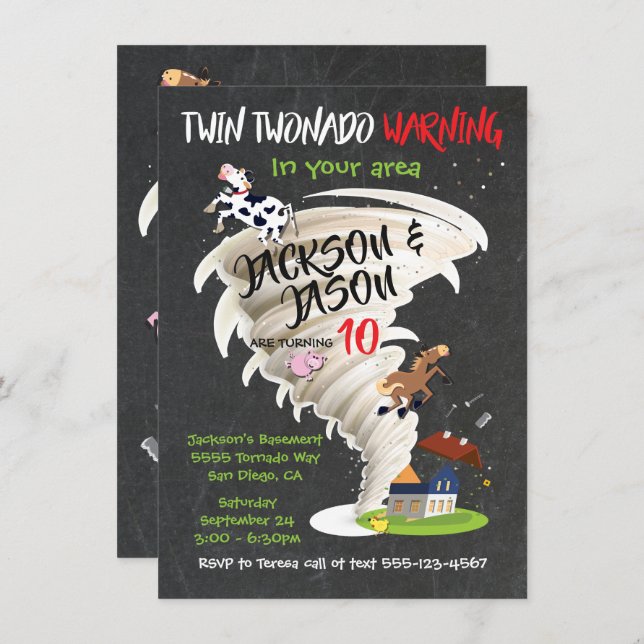 Twin Tornado Birthday Party Invitation (Front/Back)