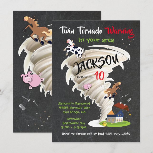 Twin Tornado Birthday Party Invitation (Front/Back)