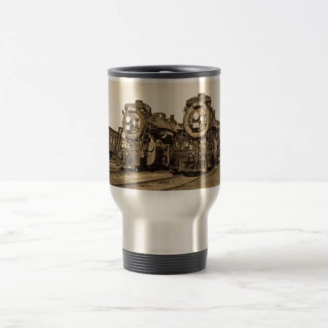 Twin Train Engines Vintage Locomotives Railroad Travel Mug (Center)