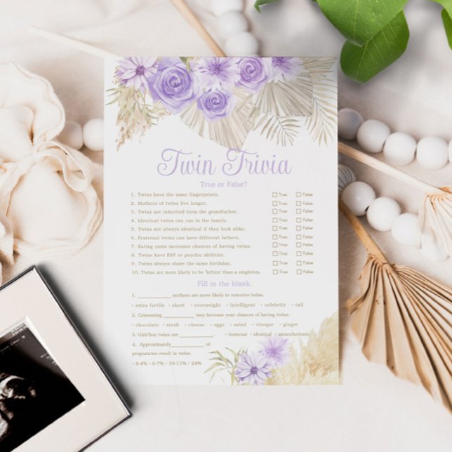 Twin Trivia Game Pampas Lavender Boho Baby Shower Invitation (Creator Uploaded)