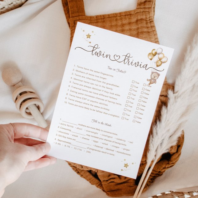 Twin Trivia Game Teddy Bear Gold Balloons Stars Invitation (Creator Uploaded)