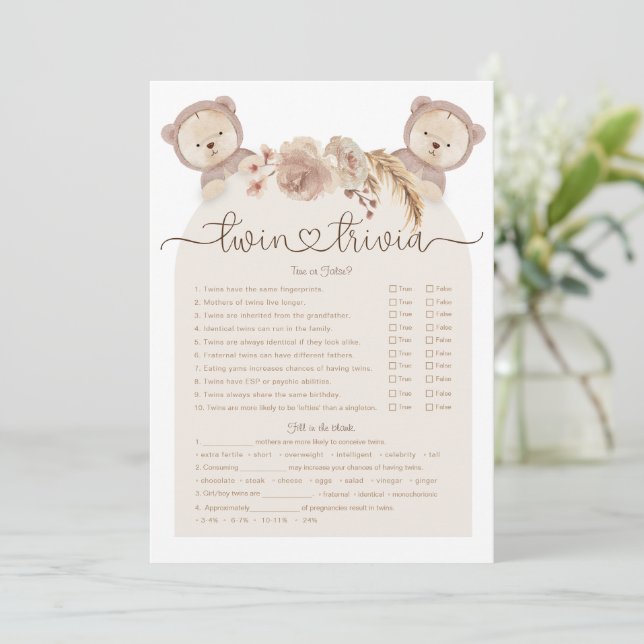Twin Trivia Game Watercolor Boho Bear Baby Shower Invitation (Standing Front)