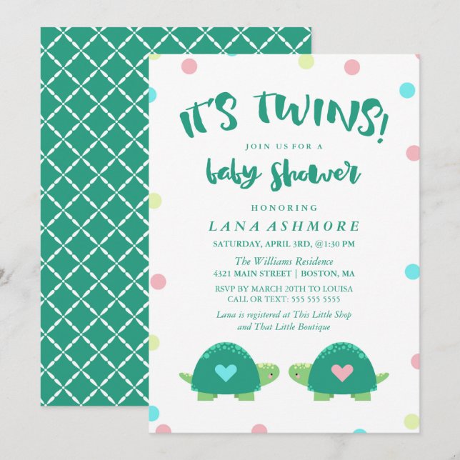 Twin Turtles | Blue Pink Twins Baby Shower Invitation (Front/Back)