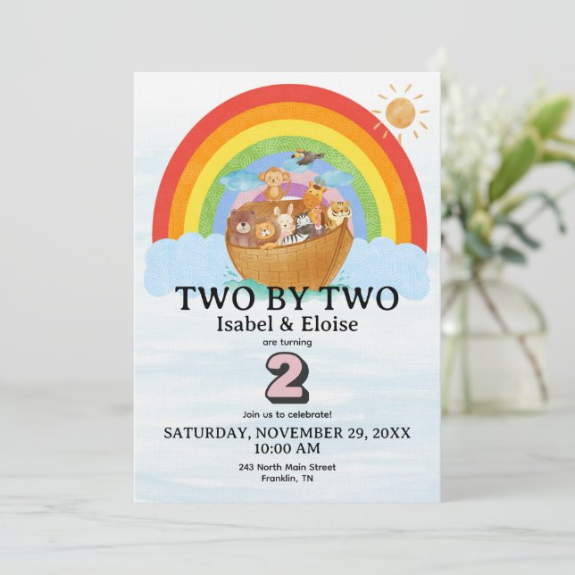 TWIN Two by Two Noah's Ark Girl Birthday Invite (Standing Front)
