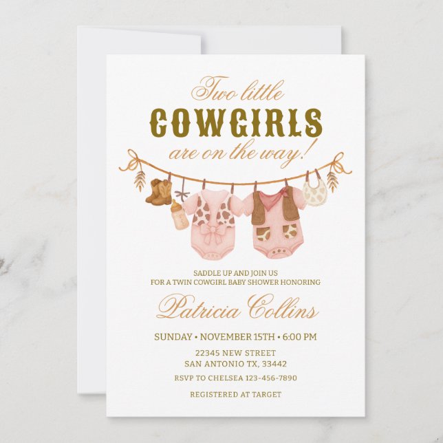 Twin Two Little Cowgirls Clothsline Baby Shower Invitation (Front)