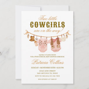 Twin Two Little Cowgirls Clothsline Baby Shower Invitation
