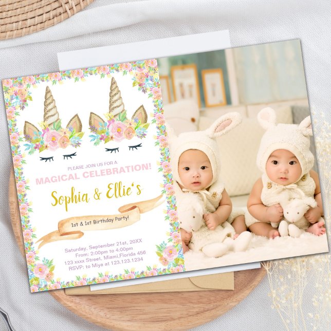 Twin Unicorn Birthday Invitation with Photo (Photo Twin Floral Unicorn Birthday Invitations)