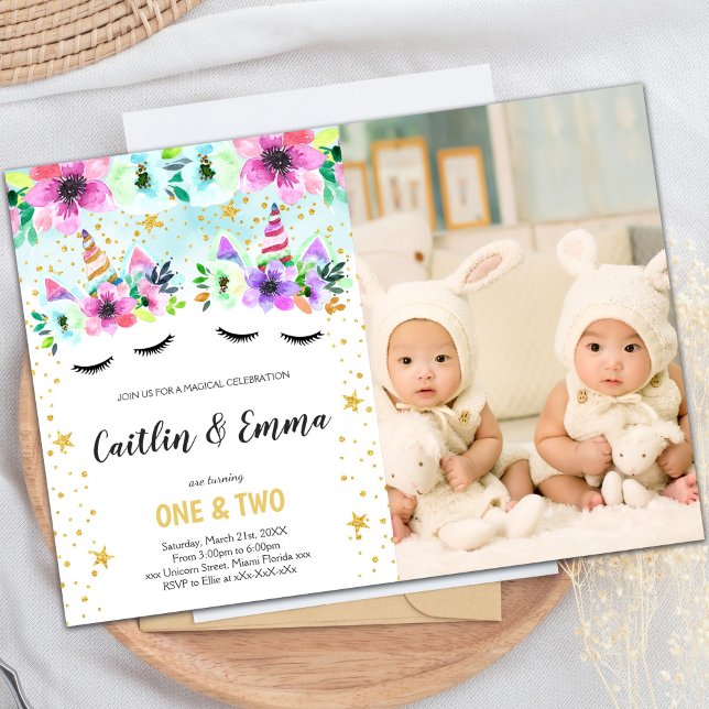 Twin Unicorn Birthday Invitation with Photo (Photo Twin Green Floral Unicorn Invitations)