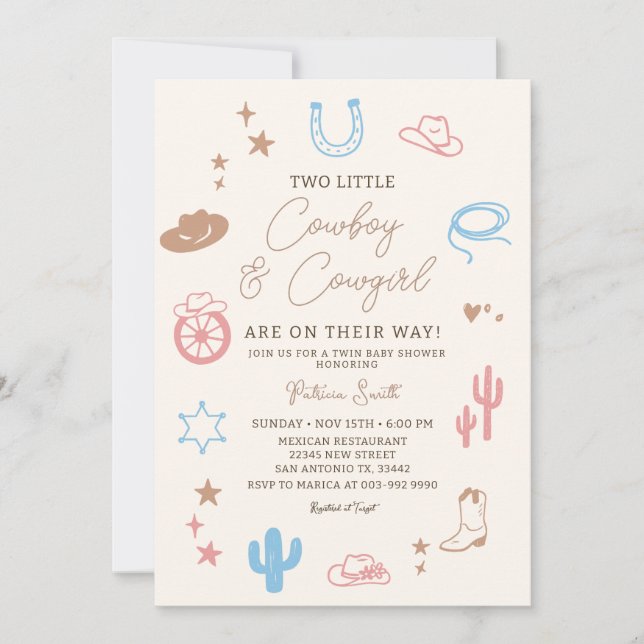 Twin Western Cowgirl and Cowboy Modern Baby Shower Invitation (Front)