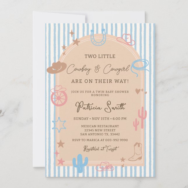Twin Western Cowgirl and Cowboy Stripe Baby Shower Invitation (Front)