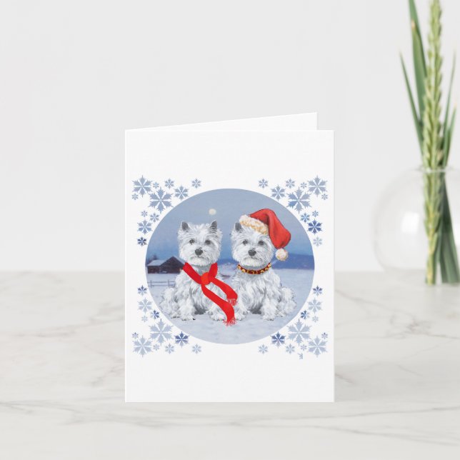 Twin Westies on a Wintry Evening Holiday Card (Front)