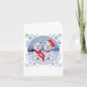 Twin Westies on a Wintry Evening Holiday Card