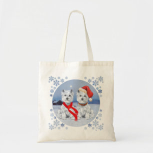 Twin Westies on a Wintry Evening Tote Bag
