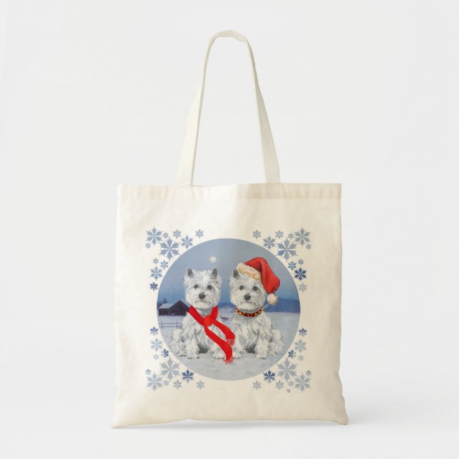 Twin Westies on a Wintry Evening Tote Bag (Front)