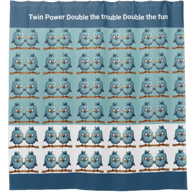 Twin Whimsical Birds Blue Double trouble Shower Curtain (Front)