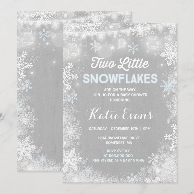 Twin Winter Baby Shower Invitation Rustic Blue (Front/Back)