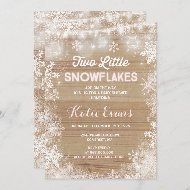 Twin Winter Baby Shower Invitation Rustic Pink (Front/Back)