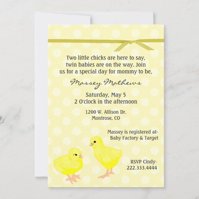 Twin Yellow Chicks Shower Invitation (Front)