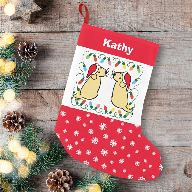 Twin Yellow Labrador Santas Small Christmas Stocking (Personalized Twin Yellow Labrador Santas Christmas Stocking for Labrador Retriever Owners.)