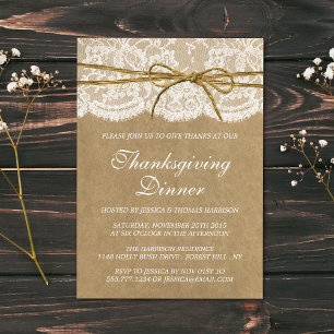 Twine Bow On Kraft & Lace Thanksgiving Dinner Invitation
