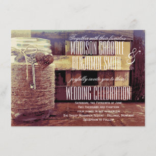 Twine Wrapped Mason Jar Heart Key Wedding Invites