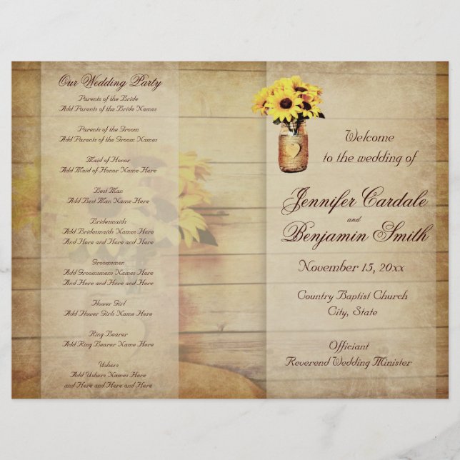 Twine Wrapped Mason Jar Sunflower Wedding Program (Front)