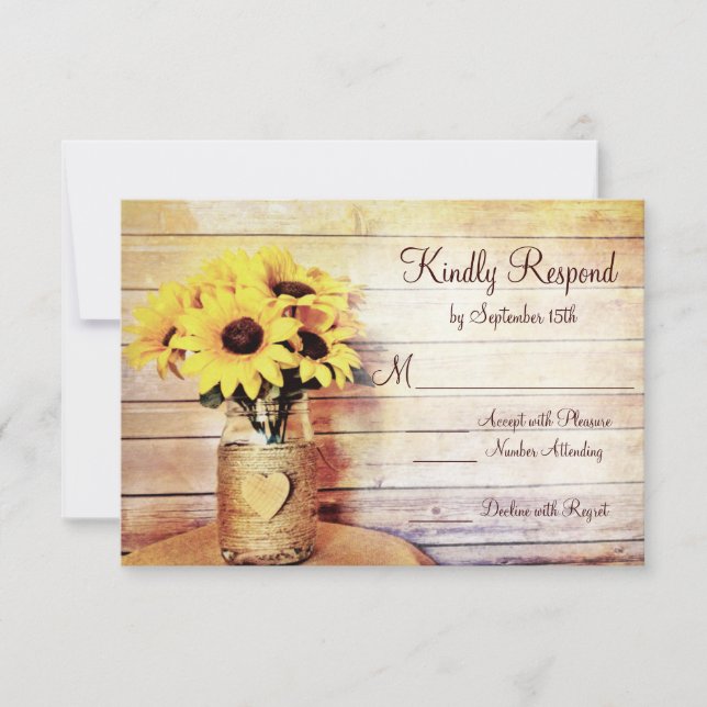 Twine Wrapped Mason Jar Sunflower Wedding RSVP (Front)
