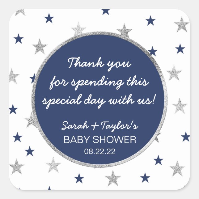 Twinkle Baby Shower favour, navy silver stars Square Sticker (Front)