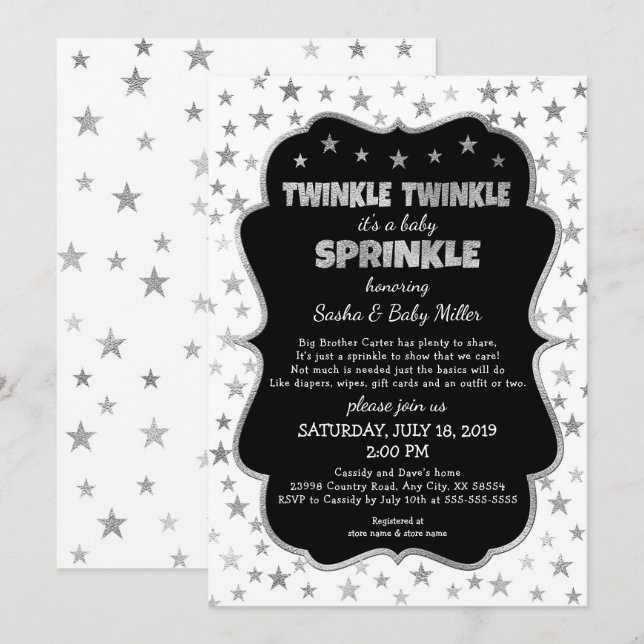 Twinkle Baby Sprinkle black silver invitations (Front/Back)