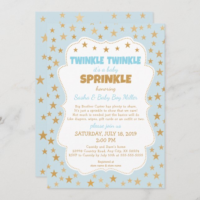 Twinkle Baby Sprinkle blue gold stars invitations (Front/Back)