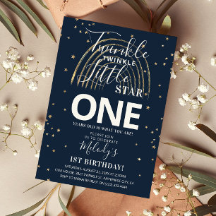 Twinkle Gold Star & Rainbow 1st Birthday Party Invitation