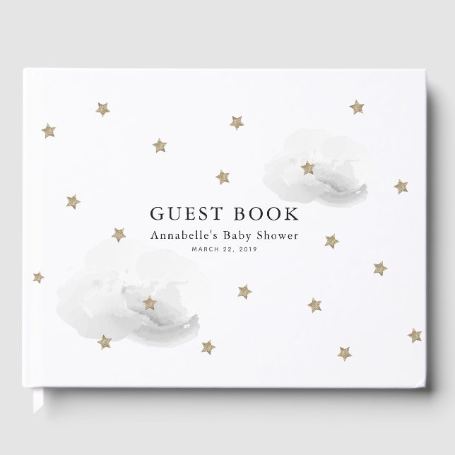 Twinkle Gold Stars & Grey Clouds Baby Shower Guest Book (Front)