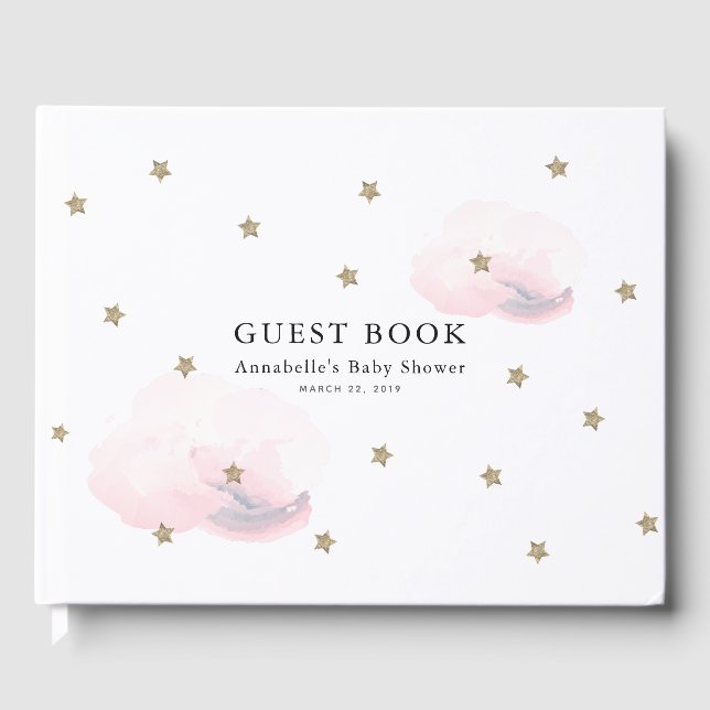 Twinkle Gold Stars & Pink Clouds Baby Shower Guest Book (Front)