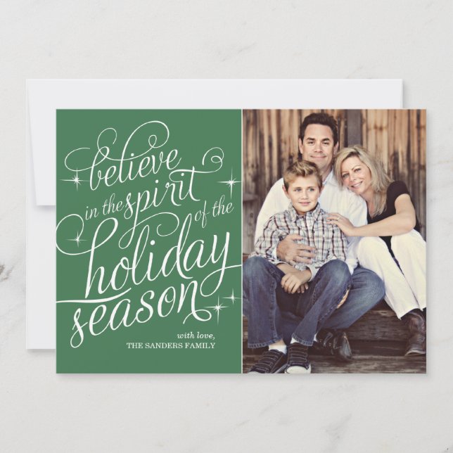 Twinkle Green Script Holiday Photo Card (Front)