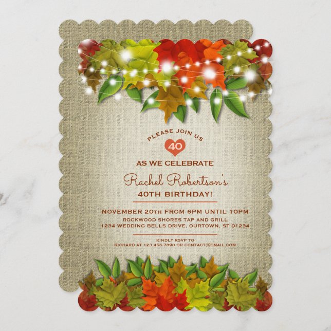 Twinkle Lights Autumn Burlap Birthday Party Invitation (Front/Back)