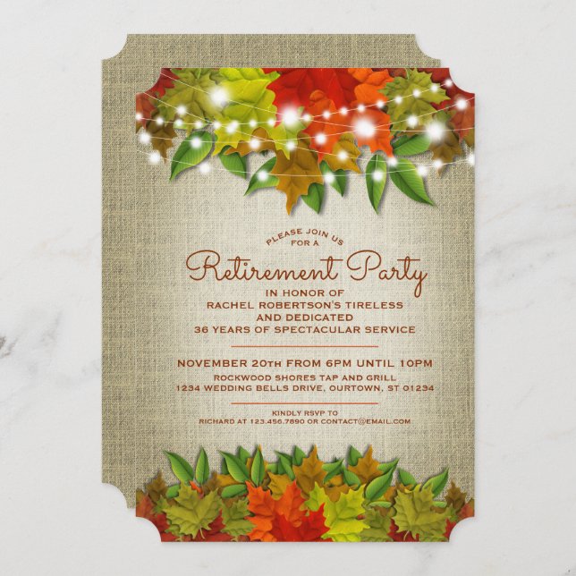 Twinkle Lights Autumn Burlap Retirement Party Invitation (Front/Back)