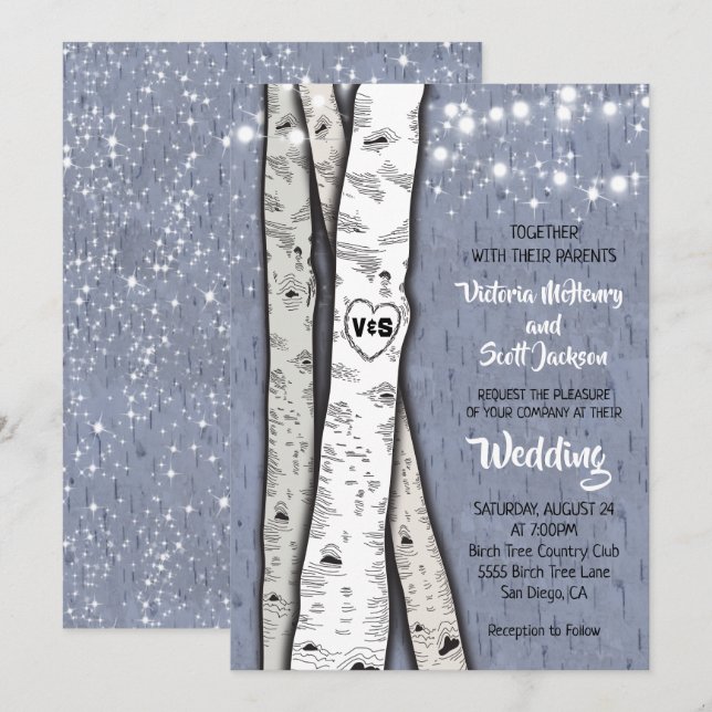 Twinkle lights Birch Tree Wedding Invitations (Front/Back)