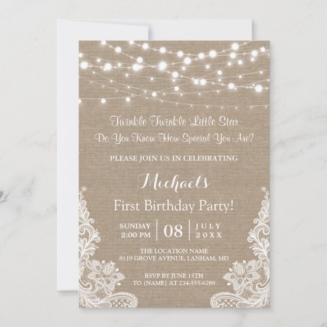 Twinkle Lights Burlap Lace First Birthday Party Invitation (Front)