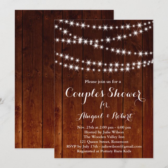 Twinkle Lights Couple's Shower Invitation - wood (Front/Back)