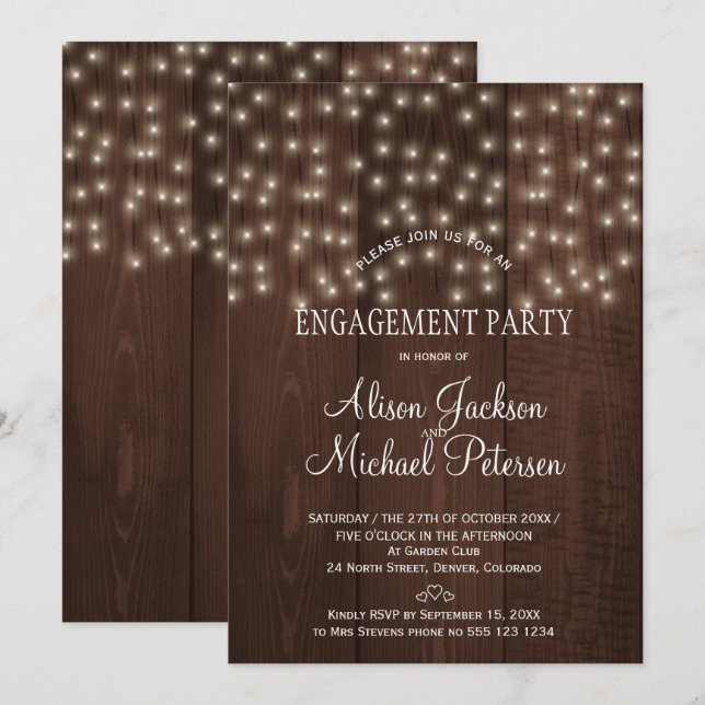 Twinkle lights engagement party rustic barn wood invitation (Front/Back)