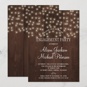 Twinkle lights engagement party rustic barn wood invitation